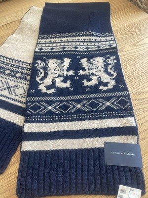 Tommy Hilfiger Scarf  One Size Lambswool Blend Navy Ecru NWT