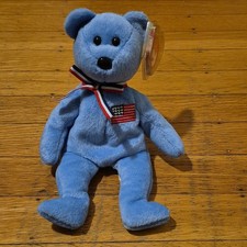 Ty Beanie Babies America Blue Bear with Flag 2001 Retired Original Ages 3-7