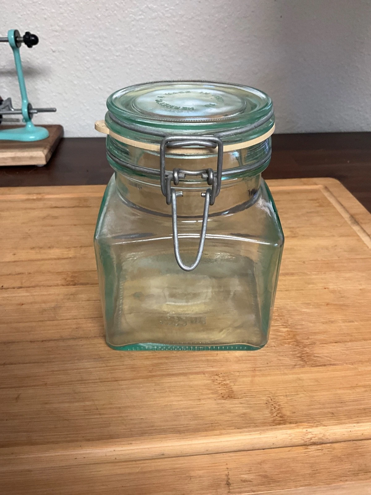 Vintage Green Tinted Italian Hermetic Glass Jar With Wire Bail Hinge Jar