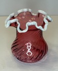 VTG Hand-Blown Pink Glass Vase with White Ruffled Edge - 50’s Art Glass - MCM