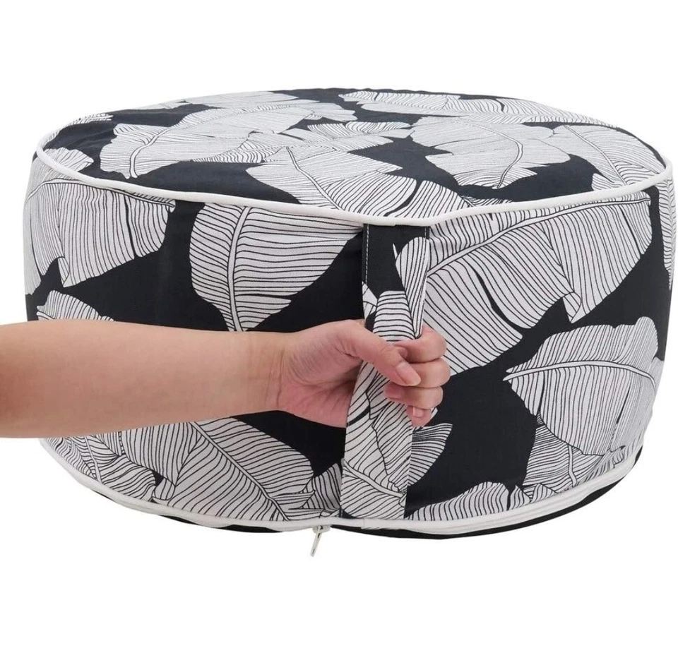 Fennco Styles Black & White Banana Leaf Round Indoor & Outdoor Pouf – 200lbs... - Image 2 of 4