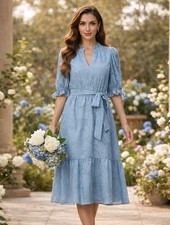 Eliza J Blue Floral Burnout Midi Dress Short Sleeve 12 Cottagecore ​Whimsigoth 
