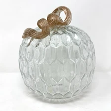 Blown Art Glass Light Up Pumpkin Clear Honeycomb Metallic Curly Stem Fall Decor
