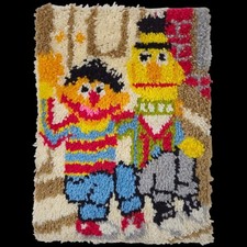 Vintage Sesame Street Bert Ernie Latch Hook Rug Wall Hanging 1970s Folk Art MCM