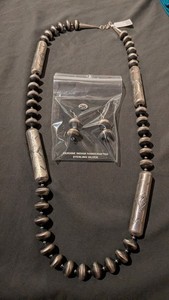Silver Navajo  beaded necklace set featuring hand-stamped barrel beads 