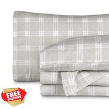 Bare Home Full Flannel Sheet Set Checkered Plaid Light Grey 100 Cotton