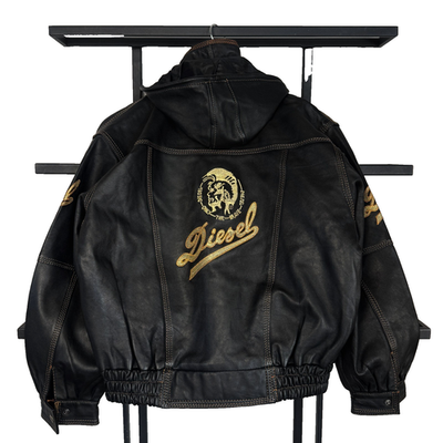 Diesel Leather Jacket Black Y2K Hooded Stitch Logo Biker Vintage