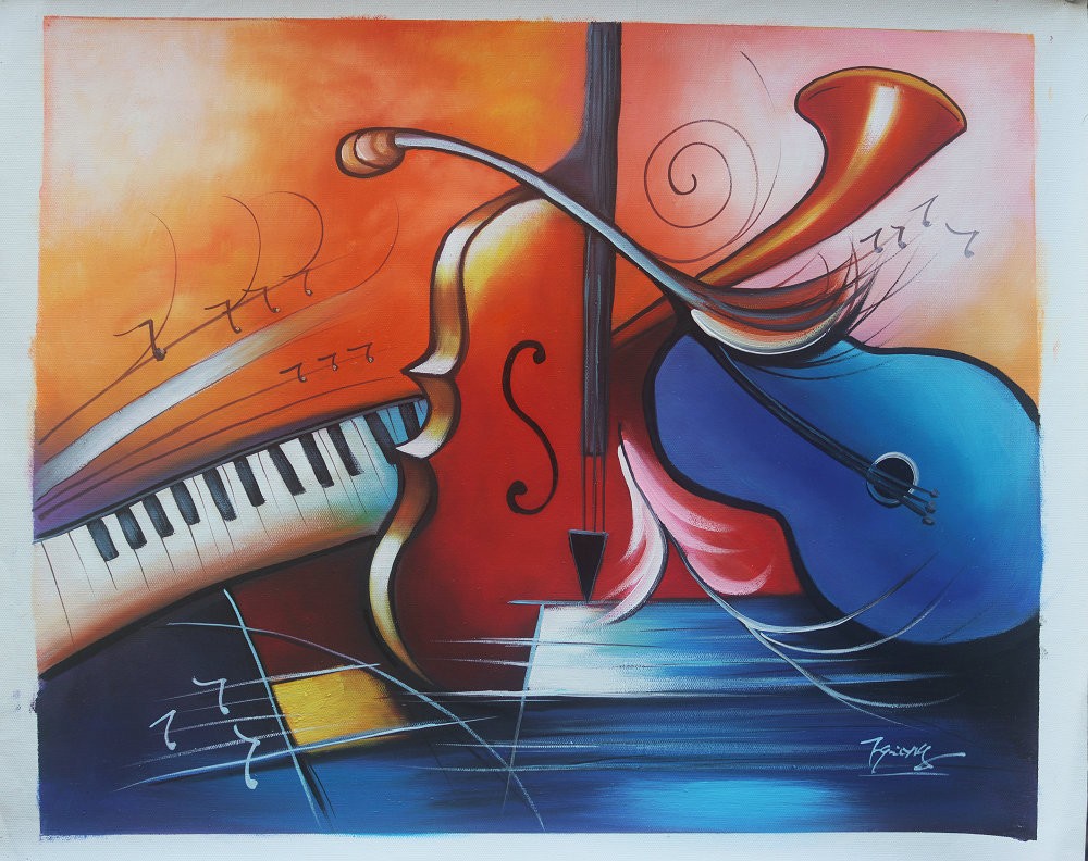 Hand Painted Oil Painting, Abstract Music Instrument Modern Repro