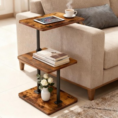 Adjustable Swivel Side Table 3 Tier Rotatable Tray Space Saving Nightstand Metal