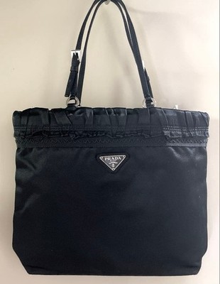 PRADA Satin Mini 2-Way Bag Black Ruffle Clutch Handbag Vintage
