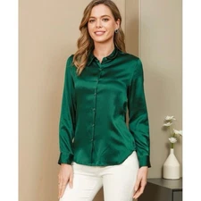 SILKSILKY 19 Momme Long Sleeve Lapel Collar Shirt In Green Sz L Preppy Holidays