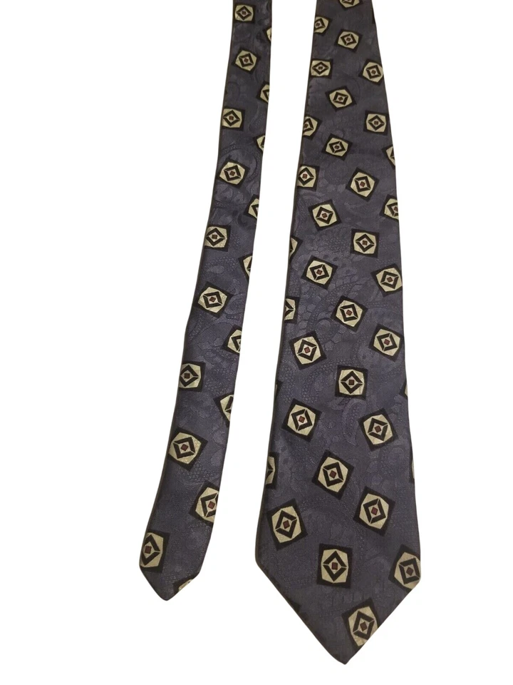 Lands End Mens 100% Silk Geometric Pattern Necktie In Gray With Gold & Red Accen - Image 4 of 4