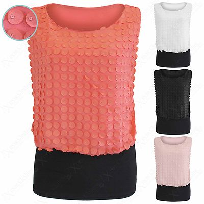 NEW LADIES SEQUIN DISC TOP WOMEN SLEEVELESS TOPS BATWING BLACK WAIST PARTY LOOK