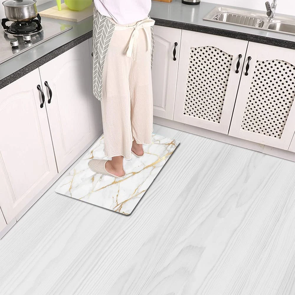 White Gold Marble Small Kitchen Mat for Floor PVC Leather Kitchen Rug  Waterproof