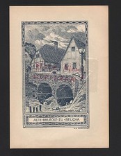 Lithograph 1908, painting old bridge to Beucha Leipzig