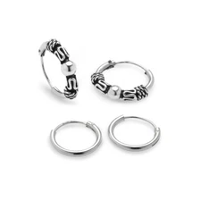 Sterling Silver Set of 2 10mm & 12mm Bali Bead & Polished Endless Hoop Earrings