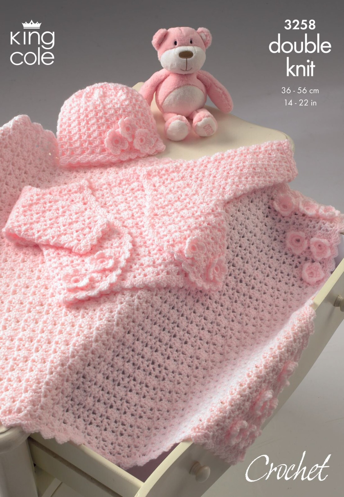 King Cole DK Crochet Pattern - 3258 Bolero, Hat and Pram Blanket