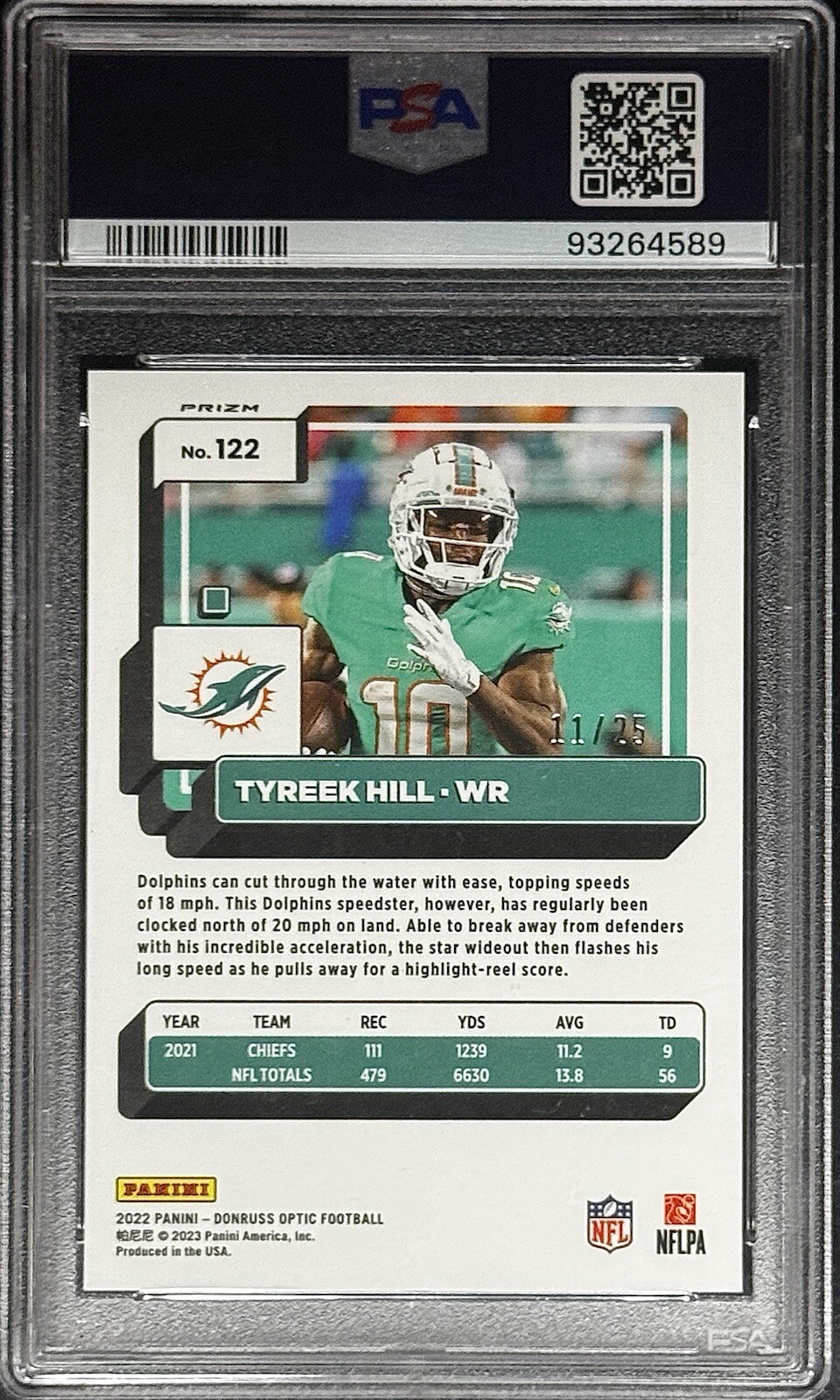 Tyreek Hill PSA 10 - 2022 Optic #122 BLACK PANDORA /25 - Miami Dolphins view 2