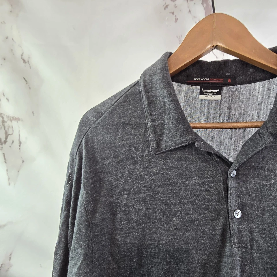 Nike Tiger Woods Shirt Mens Large Gray Merino Wool Polo Long Sleeve Argyle - Image 2 of 4