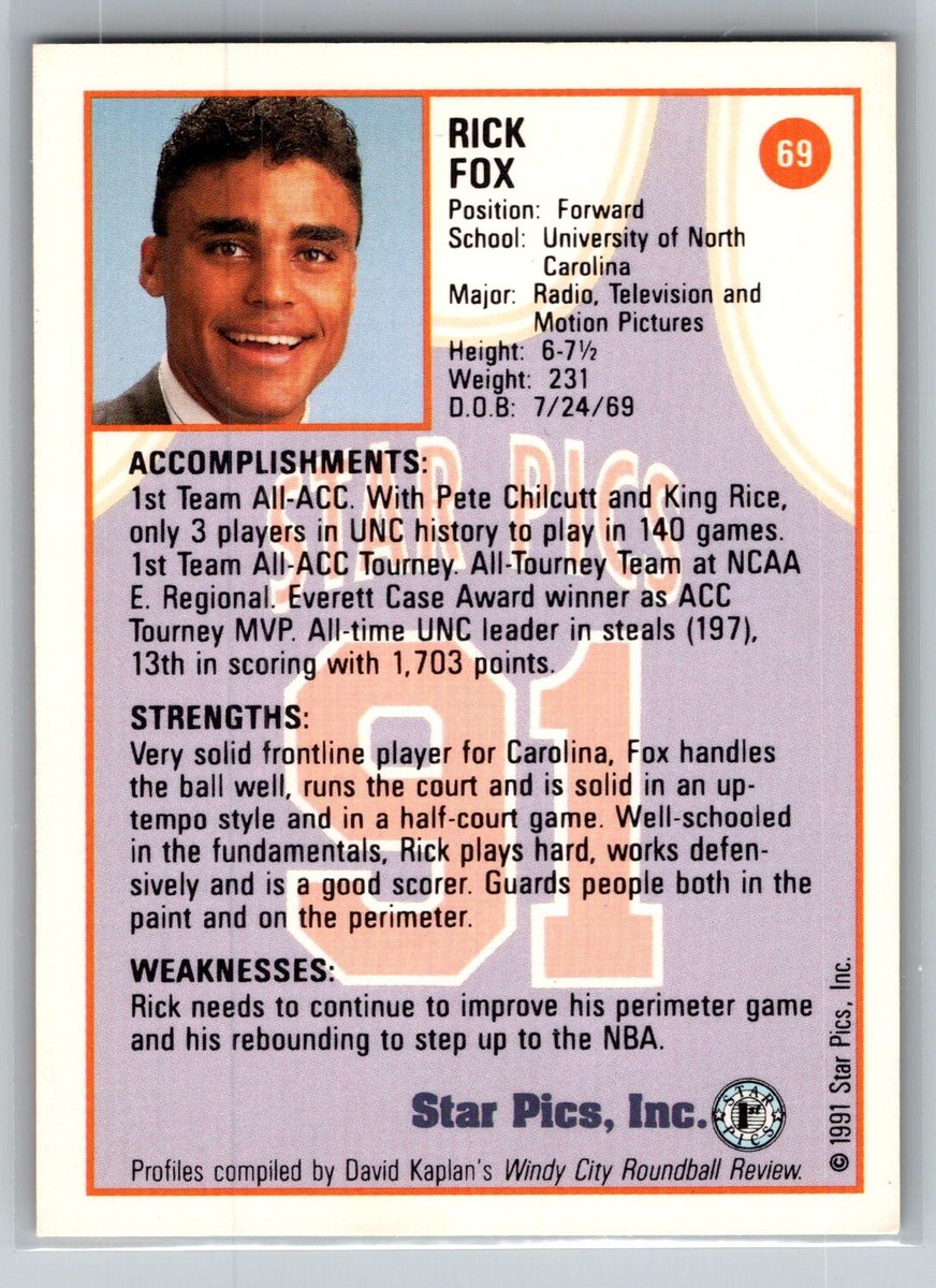 1991 Star Pics #69 Rick Fox North Carolina Tar Heels FREE SHIP