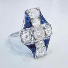 Art Deco Costume Women Ring With Lab-Created Old European Cut CZ  Blue Sapphire