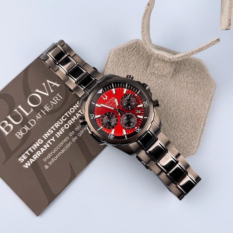 Men's Bulova 98B350 Marine Star Chronograph Red Dial Quartz Watch 43mm ...