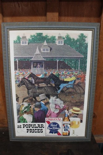 Vintage Pabst Blue Ribbon Beer Framed Display Horse Race Sign