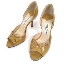 Jimmy Choo Separate Pumps Enamel Ribbon Open Toe Beige Women's Size EU35/US5