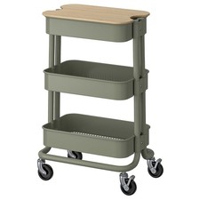 NEW 3 Tier Fruit Trolly Basket Rack Kitchen Storage Grey-Green Cart Roller Wheel