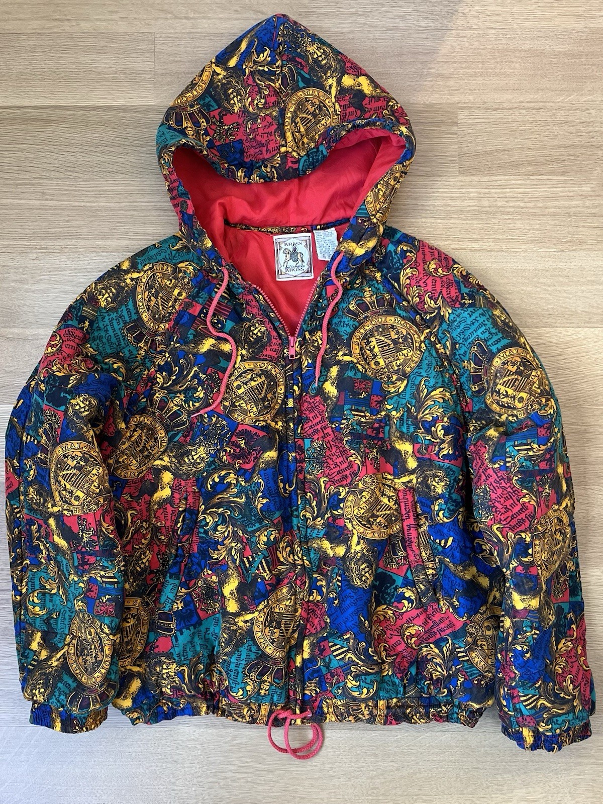 1990s Kriss Kross Y2K Silk Multicolor Bomber Vintage Hooded Jacket Size Large