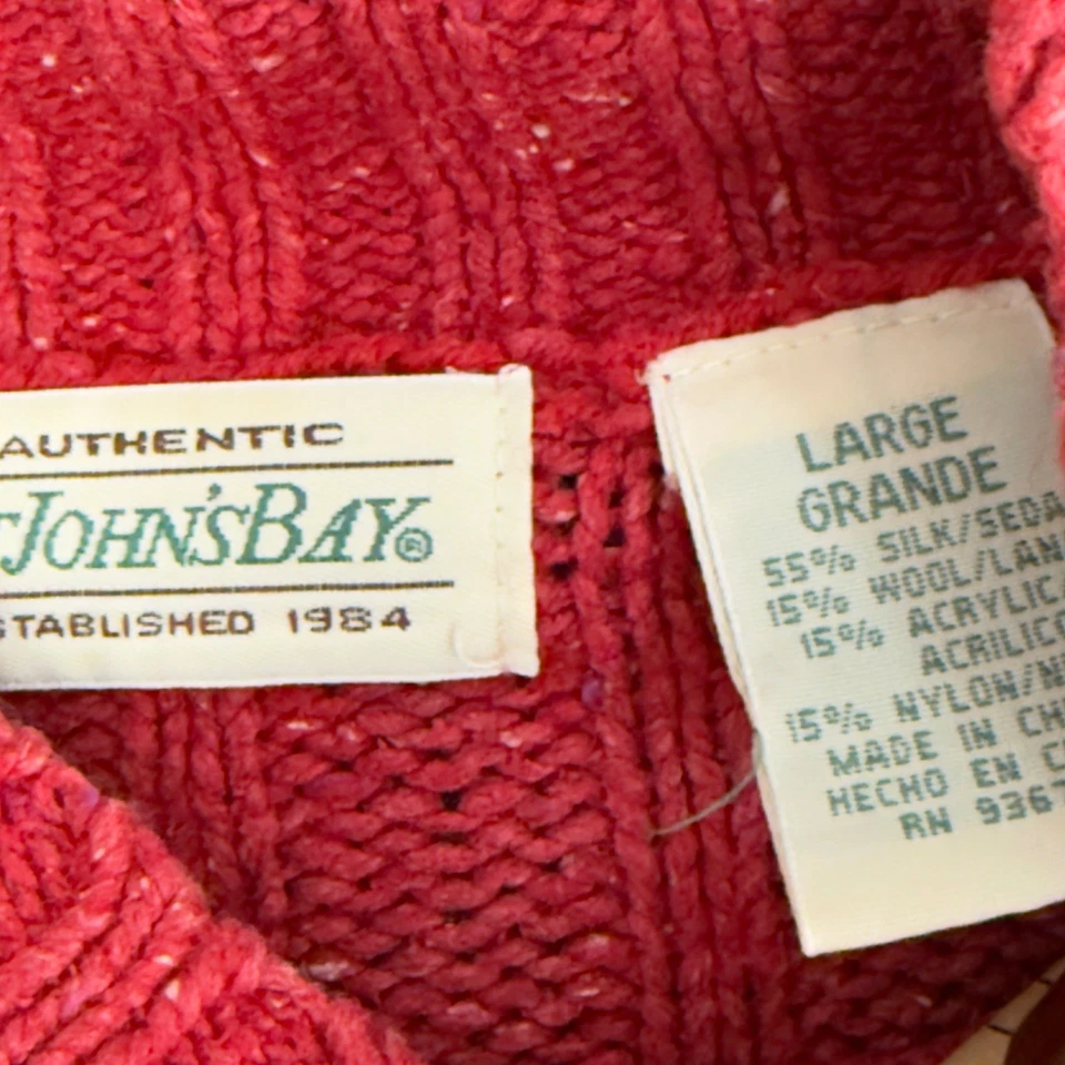 Suéter Tejido Cable Rojo De Colección Años 90 Bahía de San Juan Lana Seda Manchado Cuello Simulado L Foto 2 de 4