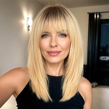 14" Ombre Golden Blonde Wigs with Bangs Layered 100 Human Hair Wigs
