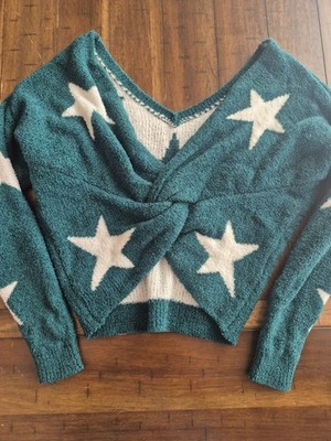 Starry Teal Blue Rain Francescas Knitted Sweater V-Neck Twist Front S