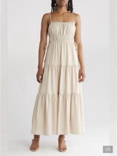 Blu Pepper Shirred Tie Tiered Spaghetti Strap Maxi Dress Beige Small