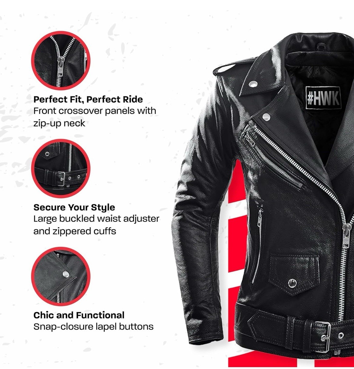 HWK Brando Leather Motorcycle Jacket for Women, Size Large