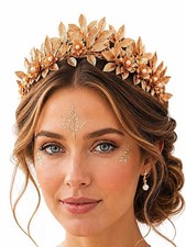 Gold Leaf Tiara Headband, Greek Goddess Crown with Pearl Flowers, Bridal Hair Ac