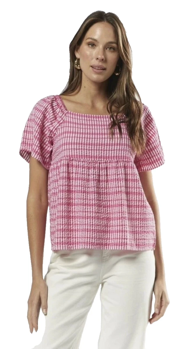 Vero Moda EUC Dixie Gingham Top Cotton Check Pink White Preppy Euro Denmark Au12