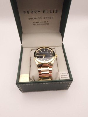 Perry Ellis Mens Gold Solar Powered Water-Resistant Analog Quartz Wristwatch