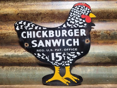 VINTAGE CHICKBURGER SANWICH PORCELAIN SIGN CHICKEN FOOD ROOSTER BURGER SANDWICH