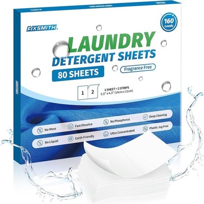 Fixsmith Laundry Detergent Sheets - 160 Loads (80 Sheets) Fragrance Free -