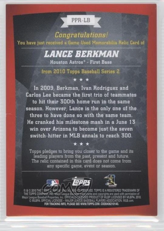 2010 Topps Peak Performance Relics Series 2 Blue /99 Lance Berkman #PPR-LB - Image 2 of 2