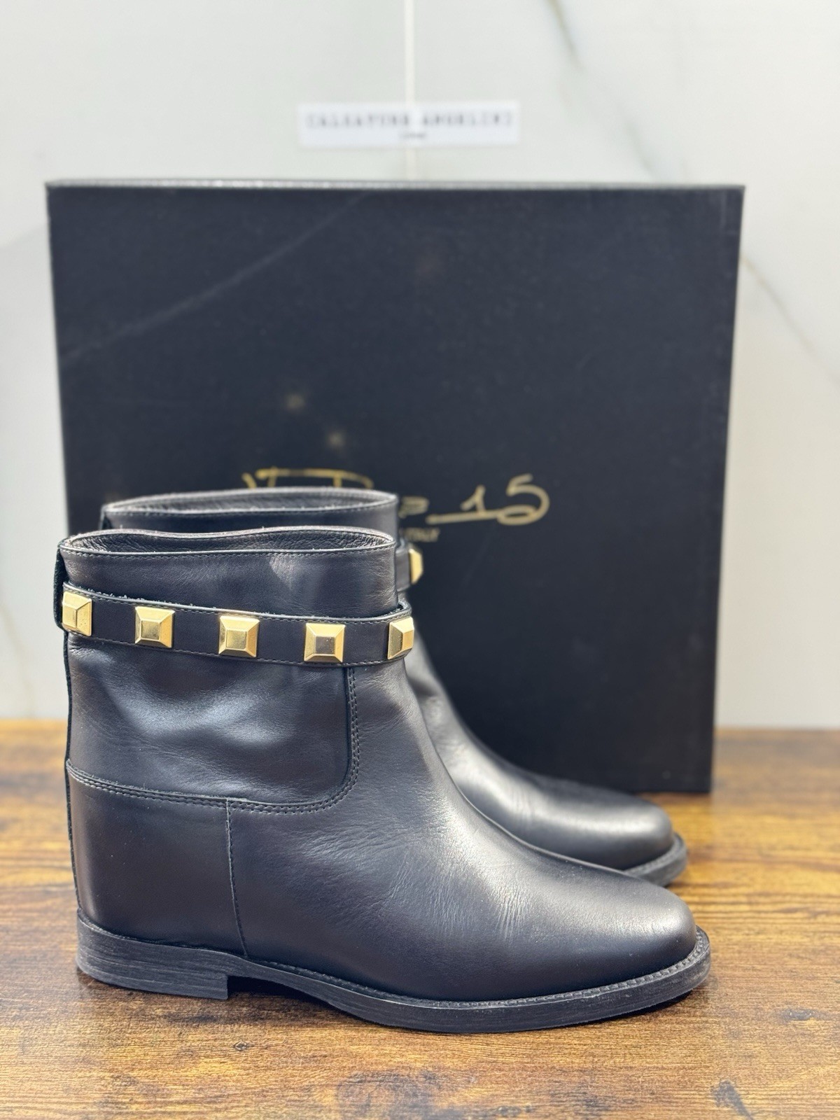 Via Roma 15 Botín De Cuero Negro Con Tachuelas Via Roma Mujer 37.5