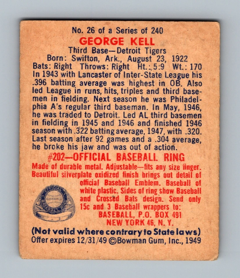 1949 年 Bowman #26 George Kell 新秀 VG-VGEX 复古名人堂棒球卡 — 第 2/2 张图片