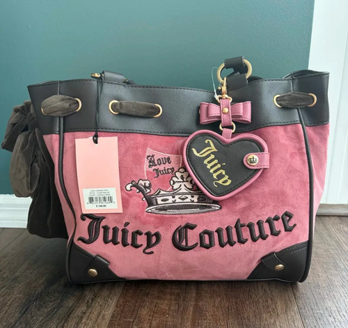 Juicy Couture Chateau Rose Crown Velour Tote w Brown Bow Heart Charm Mirror NWT