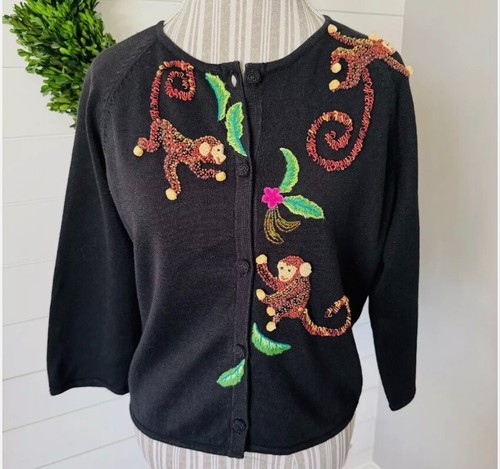 Vintage Michael Simon Women's Embroidered Embellished Monkey Cardigan - Picture 1 of 5