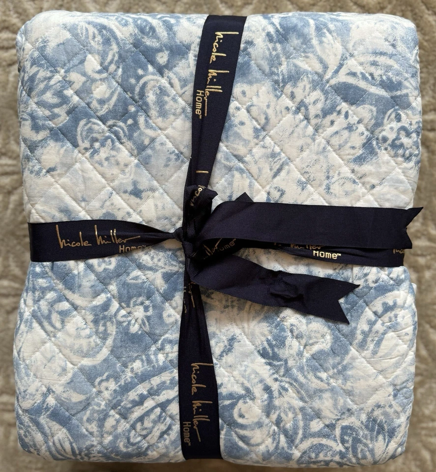 Juego de edredón Nicole Miller F/Q 100 algodón 2 fundas azul floral granja costera nuevo en paquete Foto 3 de 4