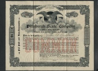 0306 1905 Pittsburgh Scale Co Galbraith family stock certificate