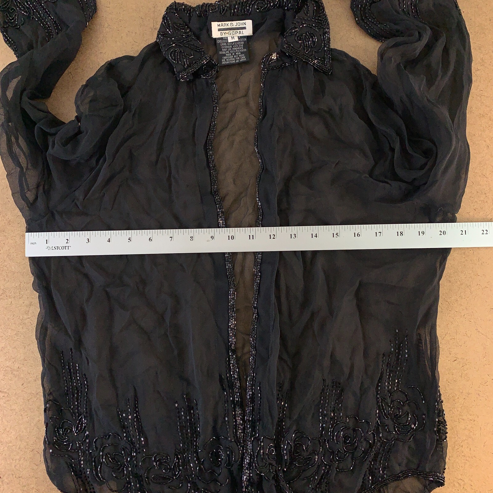 Mark & John Women's Medium Black Sheer Silk Beaded Trim Long Sleeve Blouse