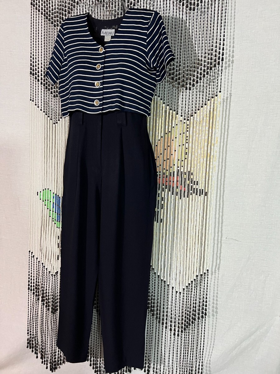 VTG 80s MENU Jumpsuit Navy Blue Attached White Striped Cropped Jacket Disco  SZ