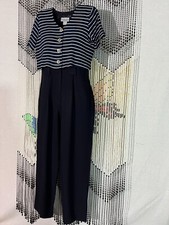 VTG 80s MENU Jumpsuit Navy Blue Attached White Striped Cropped Jacket Disco SZ 6